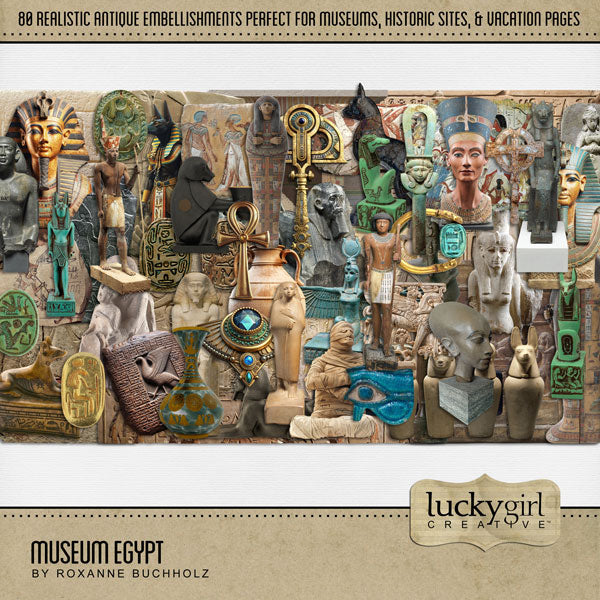 Beautifully curated, the Museum Egypt digital scrapbook kit features realistic antique artifacts, ancient paintings, wood carvings, stone sculpture, hammered gold, vintage ceramic pottery, tribal jewelry, masks, sarcophagus, pyramids, and hieroglyphics from Egypt. Perfect for documenting school field trips to the museum, vacations to historic sites, travel, genealogy, family history, hobbies, and more!