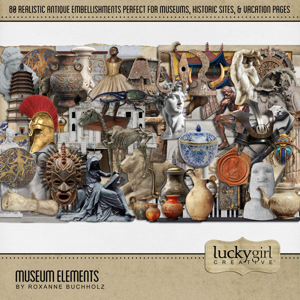 Beautifully curated, the Museum Elements digital scrapbook kit features realistic antique artifacts, ancient paintings, wood carvings, stone sculpture, vintage ceramic pottery, architecture, buildings, and general museum elements from across the world. Perfect for documenting school field trips to the museum, vacations to historic sites, travel, genealogy, family history, hobbies, and more! Embellishments include parchment paper, ancient scrolls, artifacts, and more.