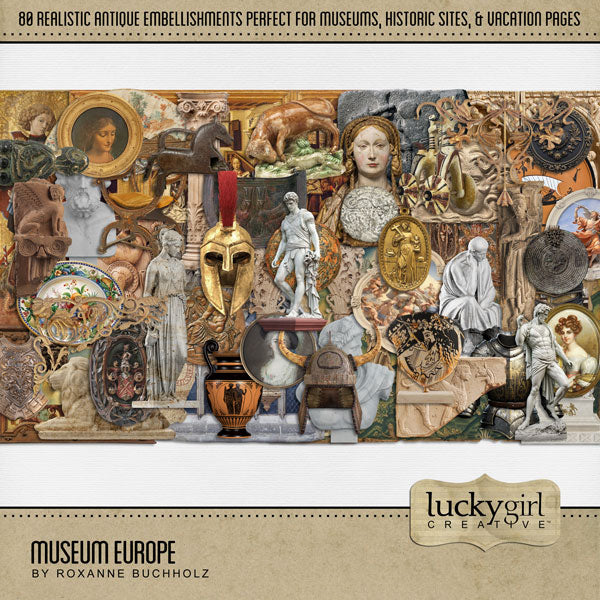 Beautifully curated by Lucky Girl Creative digital art, the Museum Europe digital scrapbook kit features realistic antique artifacts, ancient paintings, wood carvings, stone sculpture, vintage ceramic pottery from across Europe including England, United Kingdom, France, Italy, Greece, Germany, Scandinavia, Spain, and more. Perfect for documenting school field trips to the museum, vacations to historic sites, travel, genealogy, family history, hobbies, and more!