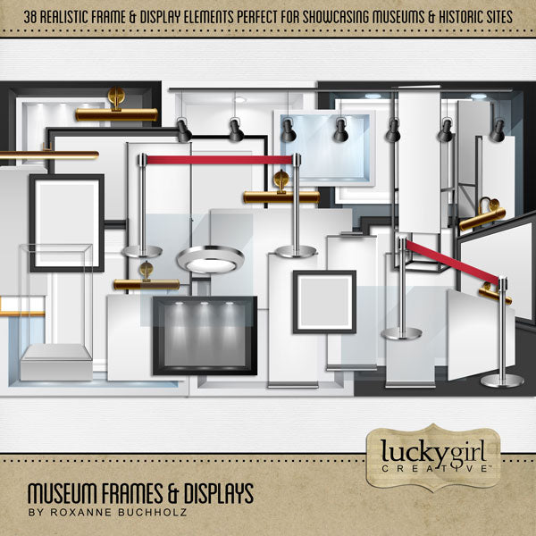 Beautifully curated by Lucky Girl Creative digital art, the Museum Frames & Displays digital scrapbook kit features realistic modern art gallery displays and frames. Perfect for documenting school field trips to the museum, vacations to modern art sites, travel, children's artwork, hobbies, and more! Embellishments include banners, frames, podium, pedestal, barrier, signage, display case, spotlight, niche, exhibit box, and more.