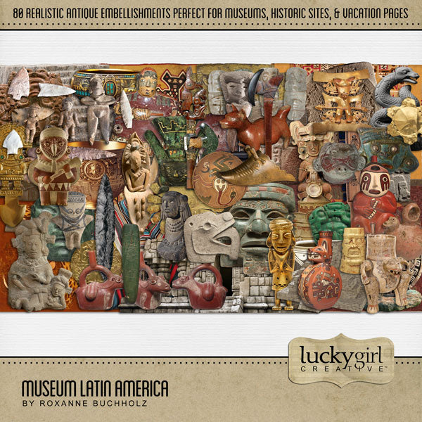 Beautifully curated by Lucky Girl Creative digital art, the Museum Latin America digital scrapbook kit features realistic antique artifacts, ancient paintings, wood carvings, stone sculpture, hammered gold, and vintage ceramic pottery from South America, Central America, the Caribbean, and Mexico. Perfect for documenting school field trips to the museum, vacations to historic sites, travel, genealogy, family history, and more.