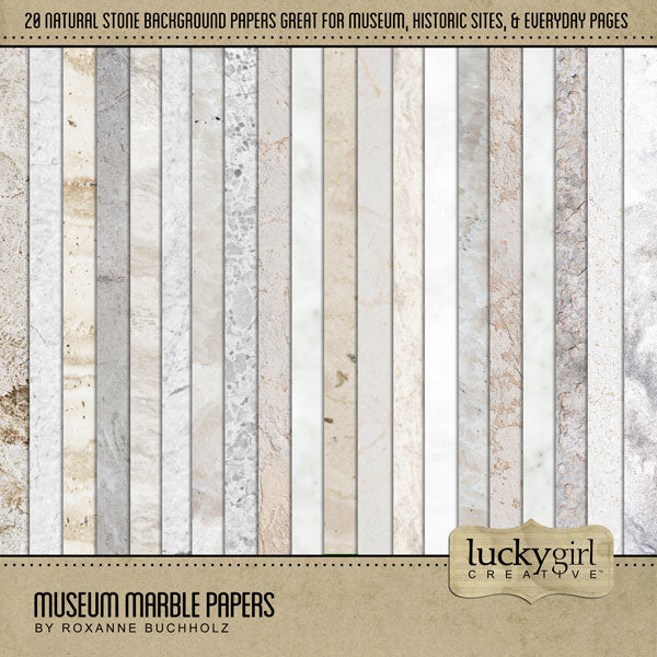 Beautifully designed by Lucky Girl Creative digital art, the Museum Marble digital scrapbook papers feature realistic stone, rock, granite, and marble patterns in a neutral color palette. Perfect for documenting school field trips to the museum, vacations to historic sites, travel, hobbies, pre-historic history, nature, outdoors, and more!