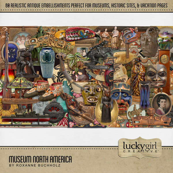 Beautifully curated, the Museum North America digital scrapbook kit features realistic antique artifacts, ancient paintings, wood carvings, stone sculpture, vintage ceramic pottery from across North America including the United States, America, and Canada. Perfect for documenting school field trips to the museum, vacations to historic sites, travel, genealogy, family history, hobbies, and more! Embellishments include glass, Native American blanket, clothes, and more.