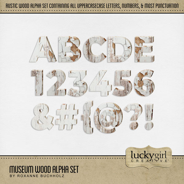 Beautifully designed by Lucky Girl Creative digital art, these digital scrapbooking alphabet letters, numbers, and punctuation are perfect for documenting school field trips to the museum, vacations to historic sites in Europe, travel, genealogy, family history, and more! The Museum Wood Alpha Set consists of a full set of digital art uppercase letters A-Z, numbers 0-9, and most punctuation.