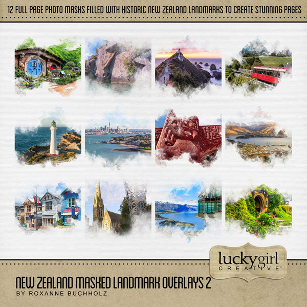 Highlight your vacation memories with these beautiful, digital historic landmark masked photo overlays by Lucky Girl Creative. Great for digital scrapbooking holidays to New Zealand and exploring native and indigenous life! With transparent edges, these masked photographs blend seamlessly into any background paper and make the perfect backdrop for all travel, vacation, and holiday pages.