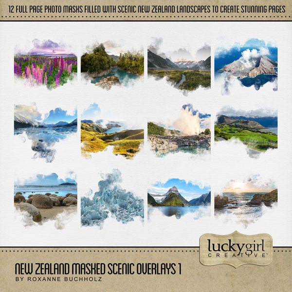 Highlight your vacation memories with these beautiful, digital scenic masked photo overlays by Lucky Girl Creative. Great for digital scrapbooking holidays to New Zealand and exploring native and indigenous life! With transparent edges, these masked photographs blend seamlessly into any background paper and make the perfect backdrop for all travel, vacation, and holiday pages.
