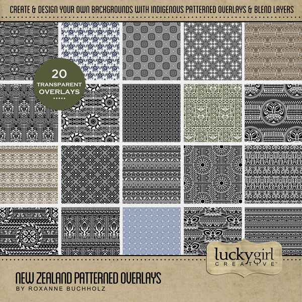 Highlight your vacation memories with these digital art tribal and Aboriginal patterned overlays by Lucky Girl Creative. Great for digital scrapbooking holidays to New Zealand and Australia and exploring indigenous life throughout Polynesia! Fill with your favorite color, photo, or paper to create a unique effect.