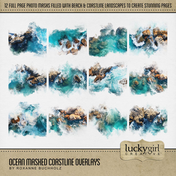 Summer beach days are here! Capture all your beach memories with these beautiful photographic 12" ocean coastline overlays with transparent edges by Lucky Girl Creative digital art that blend seamlessly into any background paper and make the perfect backdrop for all your scrapbook pages. Great for tropical vacations, beach and ocean adventures, Hawaii, California, the Caribbean, and more!