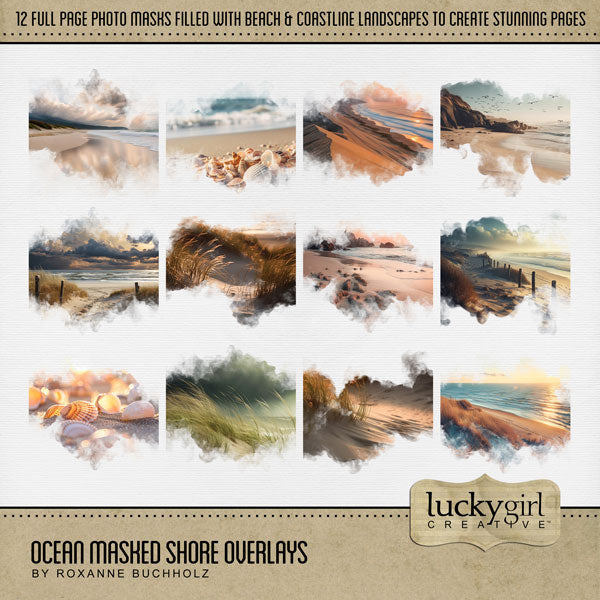 Summer beach days are here! Capture all your beach memories with these beautiful photographic 12" ocean shore overlays with transparent edges by Lucky Girl Creative digital art that blend seamlessly into any background paper and make the perfect backdrop for all your scrapbook pages. Great for tropical vacations, beach and ocean adventures, Hawaii, California, the Caribbean, and more!