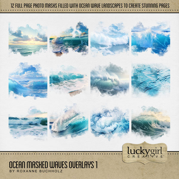 Summer beach days are here! Capture all your beach memories with these beautiful photographic 12" ocean wave overlays with transparent edges by Lucky Girl Creative digital art that blend seamlessly into any background paper and make the perfect backdrop for all your scrapbook pages. Great for tropical vacations, beach and ocean adventures, Hawaii, California, the Caribbean, and more!