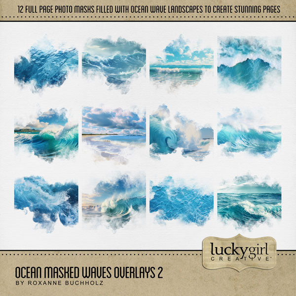 Summer beach days are here! Capture all your beach memories with these beautiful photographic 12" ocean wave overlays with transparent edges by Lucky Girl Creative digital art that blend seamlessly into any background paper and make the perfect backdrop for all your scrapbook pages. Great for tropical vacations, beach and ocean adventures, Hawaii, California, the Caribbean, and more!