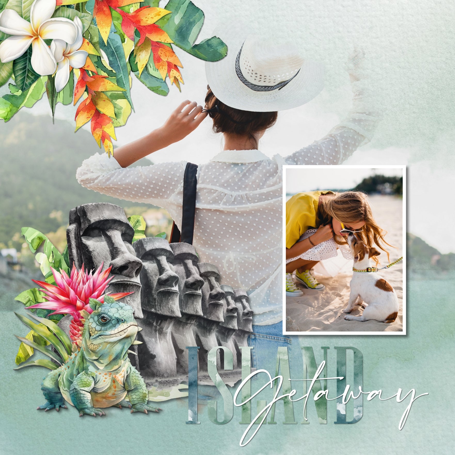 Add these beautiful watercolor clusters by Lucky Girl Creative digital art to all your digital scrapbooking pages to easily create memorable Oceania pages and albums! Great for vacations to Australia, New Zealand, Fiji, Samoa, Micronesia, and many islands found in the Pacific ocean. Embellishments feature the ocean, Indigenous tribal mask, whale, water splash, kangaroo, the Outback, tropical flowers, and Easter Island carved stone.