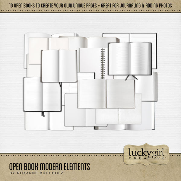 Filled with modern and clean book embellishments, this digital scrapbooking element kit by Lucky Girl Creative digital art is great for adding journaling spots and telling your story, whether it is a personal project or an everyday scrapbooking page. With clean white pages, these digital scrapbooking embellishments will add warmth to all your pages.