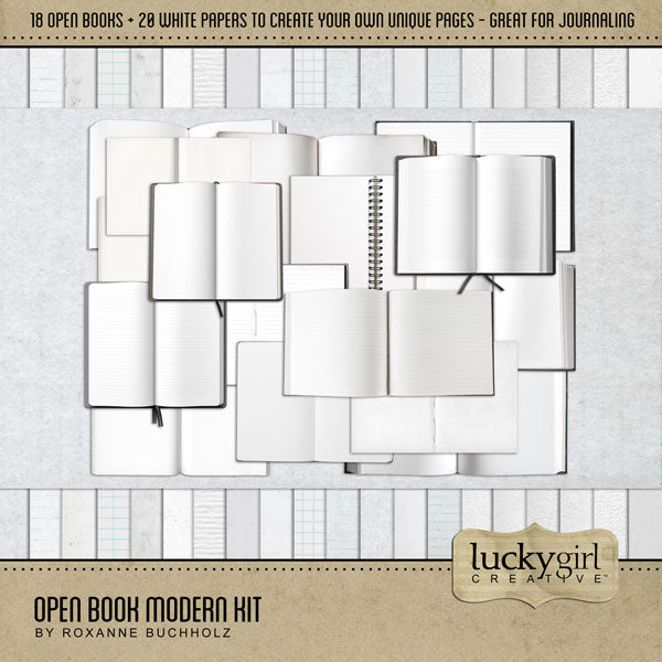 Filled with modern and clean embellishments and papers, this digital scrapbooking kit by Lucky Girl Creative digital art is great for adding journaling spots and telling your story, whether it is a personal project or everyday scrapbooking page. From clean white book pages to lined and linen paper with chipboard finishes, these digital scrapbooking elements will add warmth to all your pages.