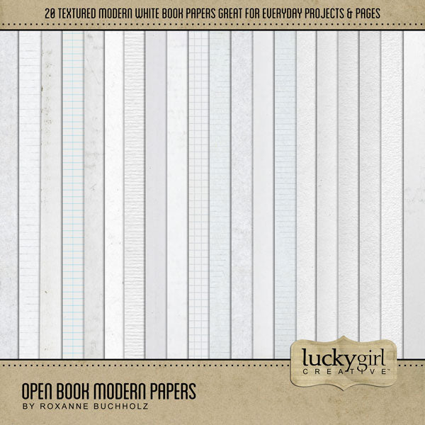 Filled with modern and clean book papers, this digital scrapbooking paper pack by Lucky Girl Creative digital art is great for adding journaling spots and telling your story, whether it is a personal project or everyday scrapbooking page. From lined and grid paper to linen, cotton, and chipboard finishes, these digital scrapbooking backgrounds will add warmth to all your pages.