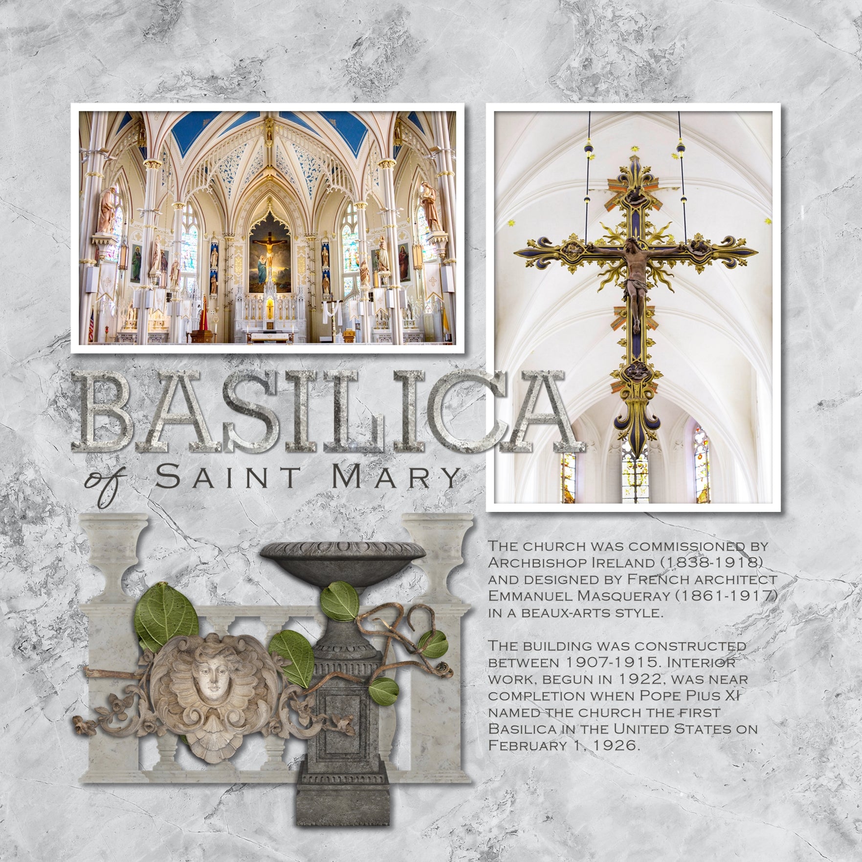 The Ornate Architecture Digital Scrapbook Bundle features authentic digital art antique architectural stone artifacts, metal pieces, plus versatile granite and marble papers, clusters, frames, and an embellishment alpha set. Great for layering pieces on visits to the museum or vacations to historic sites.