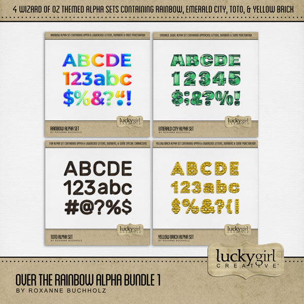 Showcase your family memories with this versatile set of 4 alpha sets by Lucky Girl Creative. In this bundle, you'll find a rainbow alpha, emerald green alpha, fur alpha, and a yellow brick alpha set. The entire collection is inspired by the Wizard of Oz with an Over the Rainbow theme. This alpha set is available as individual embellishments only.