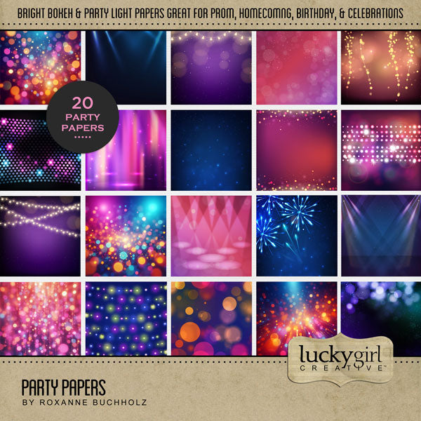 Have fun reliving your favorite party memories with these digital scrapbooking background papers by Lucky Girl Creative digital art designed with bright lights and bokeh. Great for school dances, birthday parties, prom, theater shows, music concerts, and other celebrations.