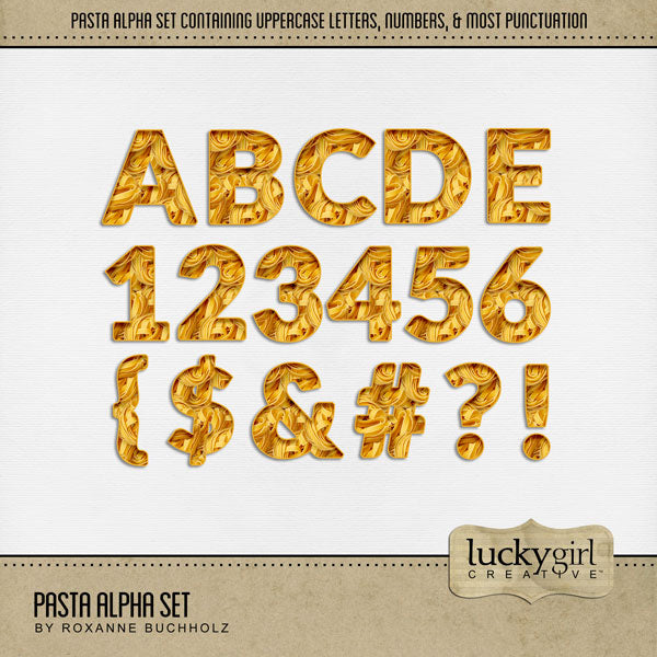 Showcase your favorite food, meals, restaurants, recipes, and cookbook favorites with these fun digital scrapbooking alphabet letters, numbers, and punctuation by Lucky Girl Creative digital art great for creating one-of-a-kind page titles. Great for family meals, trips to Italy, and dinners out at your favorite Italian restaurant. This alpha set consists of a full set of digital art uppercase letters A-Z, numbers 0-9, and most punctuation.