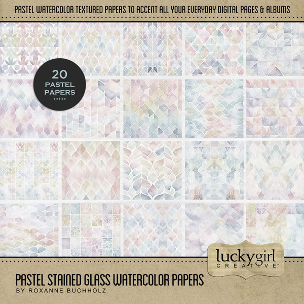 Add beautiful and soft pastel watercolor papers by Lucky Girl Creative digital art to all your digital scrapbooking pages of faith and religious church events! Great for Easter, spring, and summer albums, too. TIP: Try layering on top of other papers and playing with the opacity, or adding various effects to achieve a completely one-of-a-kind look. This kit is included in the Christian Faith Watercolor Bundle.