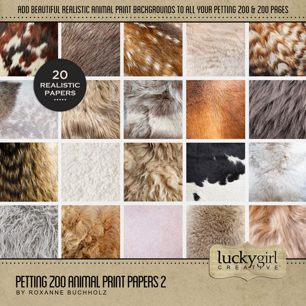 Highlight your petting zoo adventures with these realistic digital art papers by Lucky Girl Creative featuring farm animal patterns, fur, hides, feathers, and hair. Great for trips to the zoo and farm field trips. Animals represented include Chicken, Cow, Deer, Fawn, Donkey, Goat, Guinea Pig, Horse, Llama, Pig, Rabbit, Bunny, Raccoon, and Sheep.