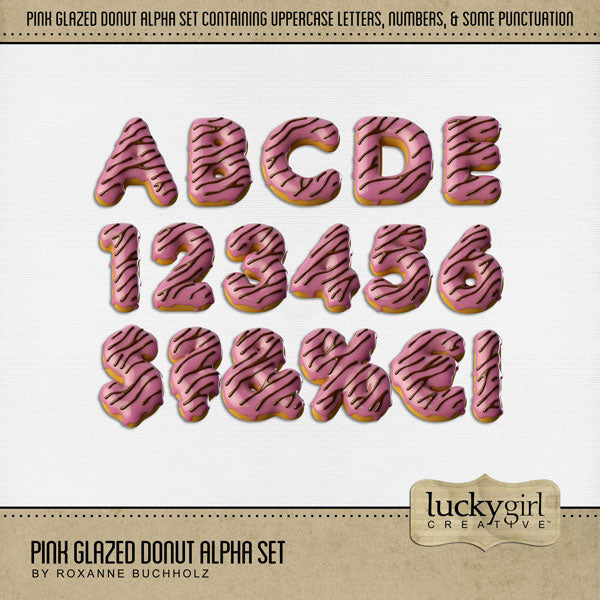 Showcase your favorite donuts, cafes, coffee shops, recipes, and cookbook favorites with these fun digital scrapbooking alphabet letters, numbers, and punctuation by Lucky Girl Creative digital art great for creating one-of-a-kind page titles. Great for baking, sweet treats, making doughnuts, and more! This alpha set consists of a full set of digital art uppercase letters A-Z, numbers 0-9, and most punctuation. This alpha set is available as individual embellishments only.