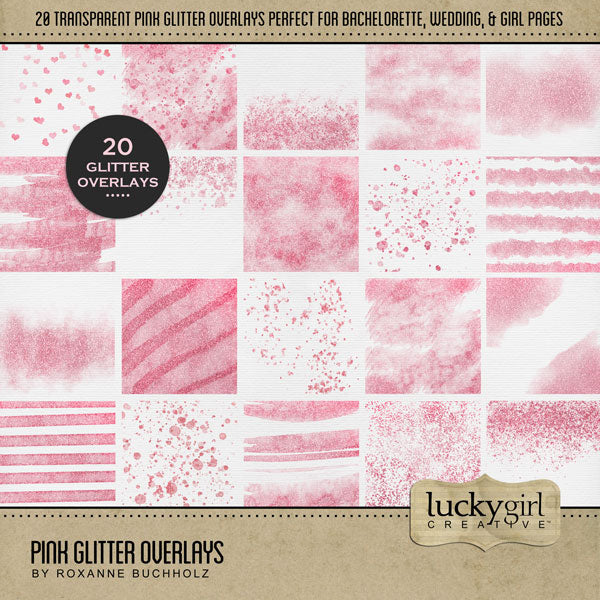 Add beautiful transparent pink glitter overlays by Lucky Girl Creative digital art to all your digital scrapbooking pages! Try layering over different colored digital papers to create a one-of-a-kind look! Great for wedding, bridal shower, baby, party, celebration, dance, girl, birthday, and bachelorette parties! This kit is included in the Bachelorette Watercolor Bundle.