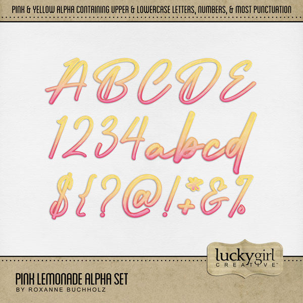 Add these realistic pink and yellow ombre alphabet letters, numbers, and punctuation by Lucky Girl Creative digital art to all your digital scrapbooking pages and mix-and-match them on various projects throughout the year! Great for summer, spring, Mother's Day, birthday, and girl-themed pages. The Pink Lemonade Alpha Set consists of a full set of digital art uppercase alphabet letters A-Z, lowercase alphabet letters a-z, numbers 0-9, and most punctuation marks.