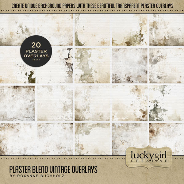Add beautiful transparent plaster overlays by Lucky Girl Creative digital art to all your digital scrapbooking pages! In hues of brown, the grunge overlays add so much warmth to all your memory keeping projects. Try layering over different colored digital papers to create a one-of-a-kind look! Great for family history, genealogy, heritage, and junk journal pages. This kit is included in the Plaster Blend Vintage Papers & Overlays Kit.