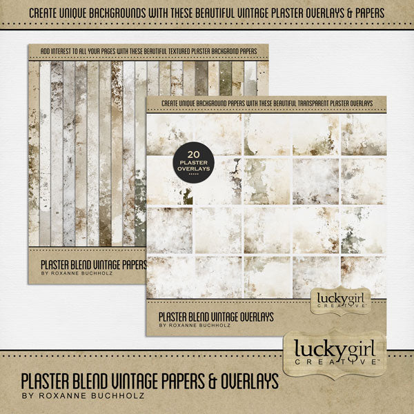 Add beautiful transparent plaster overlays and textured papers by Lucky Girl Creative digital art to all your digital scrapbooking pages! In hues of brown, the grunge plaster papers and overlays add so much warmth to all your memory keeping projects. Try layering over different colored digital papers to create a one-of-a-kind look! Great for family history, genealogy, heritage, and junk journal pages. This kit includes the Plaster Blend Vintage Papers and the Plaster Blend Vintage Overlays.