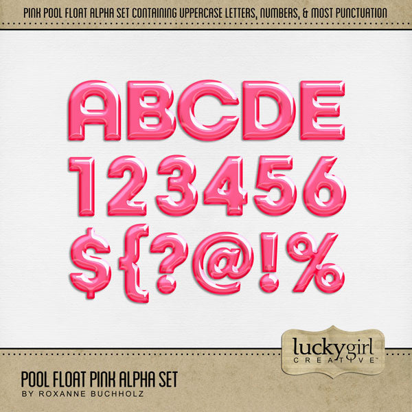 Capture all your fun summertime activities with this beautiful pink alpha set by Lucky Girl Creative digital art for digital scrapbooking. Great for tropical summer vacations, everyday, and girl pages, too! Add these pink alphabet letters, numbers, and punctuation to all your digital scrapbooking pages and mix-and-match them on various projects throughout the year! The Pool Float Pink Alpha Set consists of a full set of digital art uppercase alphabet letters A-Z, numbers 0-9, and most punctuation marks.