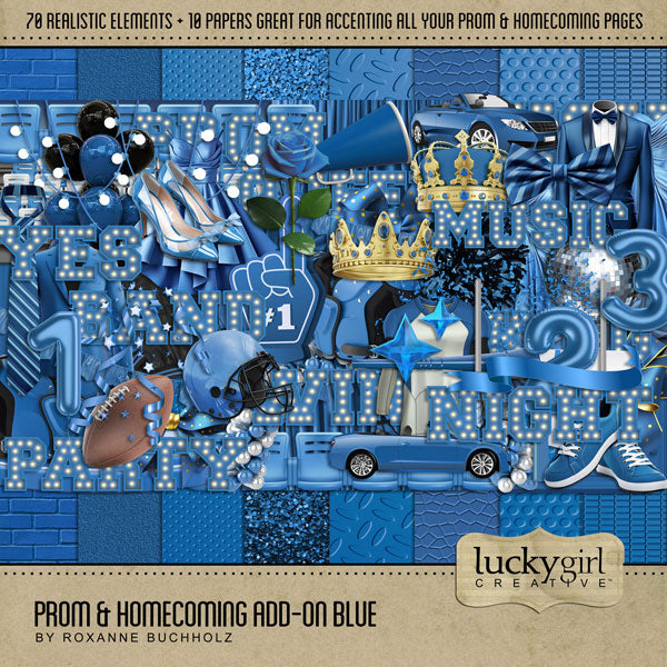 Have fun recalling the memories of your high school prom and homecoming with these realistic digital scrapbooking embellishments by Lucky Girl Creative digital art. Great for school dances, prom, HOCO, football games, parties, and homecoming celebrations, too! If your school colors include blue, pair this collection with the Prom & Homecoming Bundle, and you'll be ready to show off your school spirit!