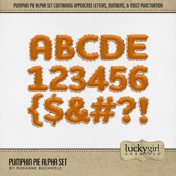 Accent your Thanksgiving greeting cards and traditional holiday pages with this yummy pumpkin pie alpha set. Great for creating unique page titles for the Thanksgiving holiday, fall, autumn, and even cooking and baking! This alpha set consists of a full set of uppercase letters A-Z, numbers 0-9, and most punctuation marks. This digital scrapbooking alpha set is available as individual embellishments only.