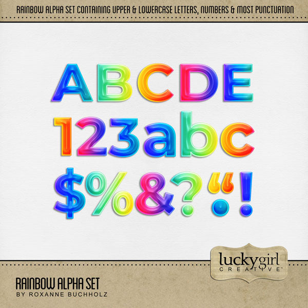 Showcase your family memories with this versatile rainbow digital alpha set by Lucky Girl Creative. Perfect for birthday, child activities, summer, school, tropical vacations, and everyday activities. The entire collection is inspired by the Wizard of Oz with an Over the Rainbow theme. The Rainbow Alpha Set consists of a full set of digital art uppercase letters, lowercase letters, numbers 0-9, and most punctuation marks.