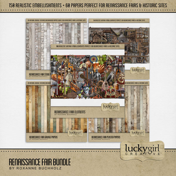Great for genealogy and family history albums, Renaissance Fairs or Medieval Faire Festivals, and trips to Europe and other historic sites, these beautiful realistic embellishments and papers by Lucky Girl Creative are the perfect accent for your digital scrapbooking pages.