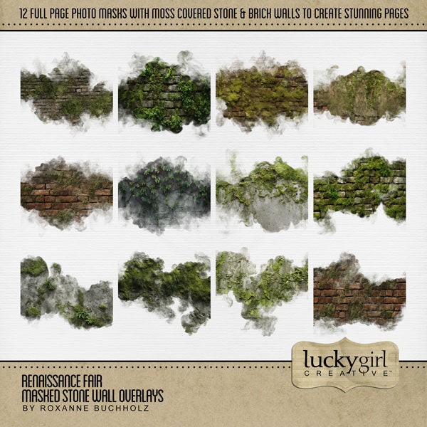 Great for genealogy and family history albums as well as Renaissance Fair or Medieval Faire Festival digital art pages, these beautiful vintage stone wall overlays with transparent edges by Lucky Girl Creative blend seamlessly into any background paper and make the perfect backdrop for authentic scrapbooking pages.