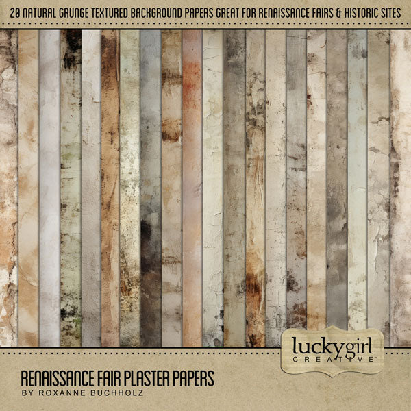 Great for genealogy and family history albums, Renaissance Fairs or Medieval Faire Festivals, and trips to Europe and other historic sites, these beautiful digital art plaster papers by Lucky Girl Creative are the perfect backgrounds for your realistic digital scrapbooking pages.