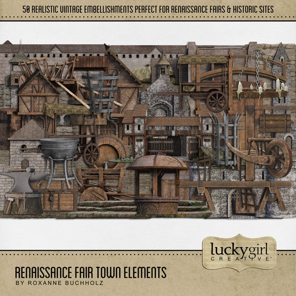 Great for genealogy and family history albums, Renaissance Fairs or Medieval Faire Festivals, and trips to Europe and other historic sites, these beautiful realistic village embellishments by Lucky Girl Creative are the perfect accent for your realistic digital scrapbooking pages.