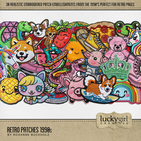 Add a touch of retro fun to all your fashion digital scrapbooking pages. These authentic embroidered fashion patches from the 1990's by Lucky Girl Creative digital art will add a touch of warmth to all your everyday, school, and vintage projects. Pairs perfectly with the Denim & Diamonds Bundle sold separately. Retro patches include vintage iron on and embroidered boot, diamond, crown, Corgi, dinosaur, dog, and more.