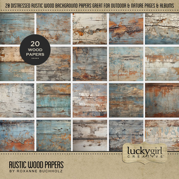 These rustic wood digital scrapbooking background papers by Lucky Girl Creative digital art are easy to use for western-inspired digital scrapbook pages including travels to the Southwest (Arizona, Colorado, Utah, Nevada, New Mexico), cowboy and cowgirl dances and hoedowns, rodeo and ranch events, ghost towns, vacations to the desert, Mexico, Nashville, Wild West, and so much more! This kit is included in the Cowboy Western Watercolor Bundle.