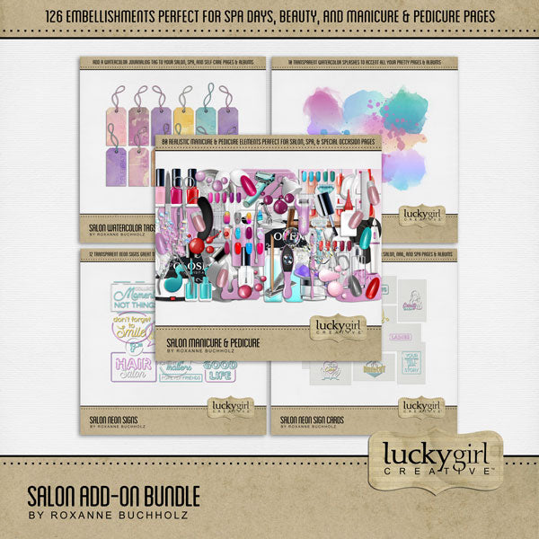Manicure and pedicure, yes please! Document your latest trip to the nail salon, hair studio, and beauty salon with this realistic digital scrapbooking bundle filled with pretty spa embellishments, watercolor beauty tags, and neon word art by Lucky Girl Creative digital art. Embellishments include feet booties, hand warmer, glass bottles, hand sanitizer, bubbles, cotton balls, nail polish, acrylic nails, enamel nails, fake nails, spa massage chair, and more.