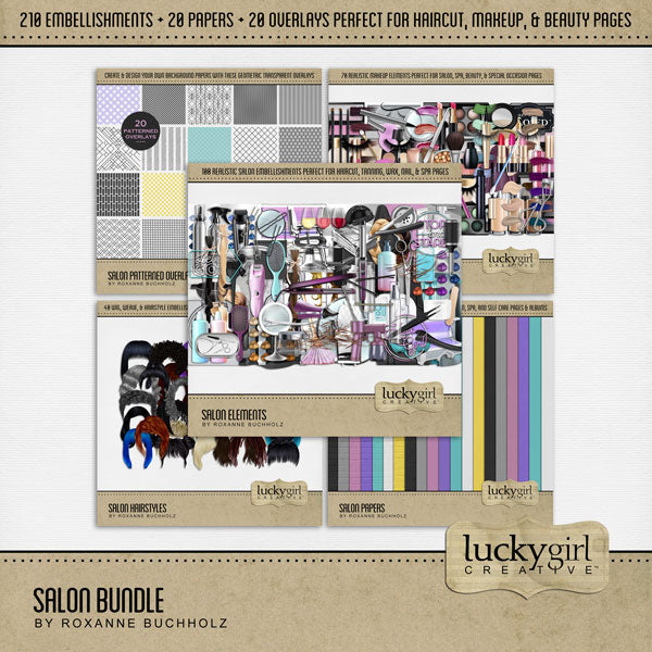 Fresh salon hair, weaves and extensions, dry bar, tanning beds, and professional makeup, yes please! Document your latest trip to the hair salon, makeup, tanning studio, beauty shop, or spa to get a fresh hairstyle, blowout, hair color, or tan with this digital scrapbooking kit filled with realistic embellishments, pretty papers, hair wigs, weaves and extensions, and patterned overlays by Lucky Girl Creative digital art. Great for prom, homecoming, wedding, and special occasions, too!
