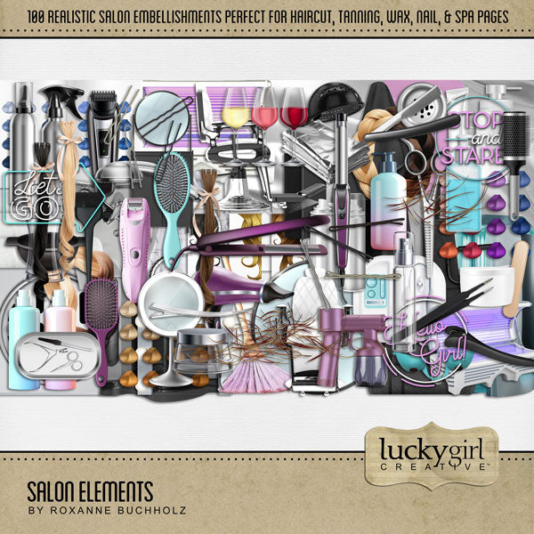 Document your latest trip to the hair salon, tanning studio, beauty shop, or spa to get a fresh hairstyle, blowout, hair color, or tan with this digital scrapbooking kit filled with realistic embellishments by Lucky Girl Creative digital art. Great for prom, homecoming, wedding, and special occasions, too! Embellishments include aluminum foil sheets, bobby pins, glass bottles, broom, hair color bowl, hair color brush, heat chair, clips, clippers, and more.