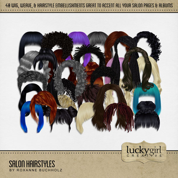 Fresh salon hair, weaves, wigs, and extensions, yes please! Document your latest trip to the hair salon to get a wig, hair weave, or extensions with these fun digital scrapbooking embellishments by Lucky Girl Creative digital art. Hair colors include black, brown, brunette, blonde, gray, red, blue, purple, and pink.