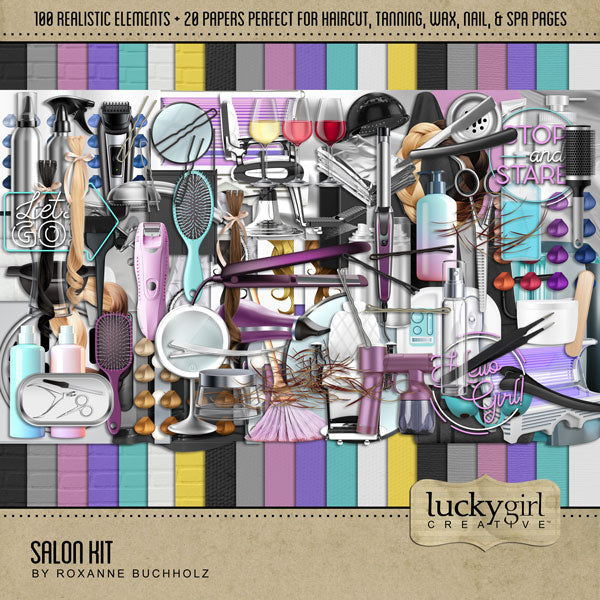 Document your latest trip to the hair salon, tanning studio, beauty shop, or spa to get a fresh hairstyle, blowout, hair color, or tan with this digital scrapbooking kit filled with realistic embellishments and pretty papers by Lucky Girl Creative digital art. Great for prom, homecoming, wedding, and special occasions, too! Embellishments include aluminum foil sheets, bobby pins, glass bottles, broom, hair color bowl, hair color brush, heat chair, clips, clippers, and more.