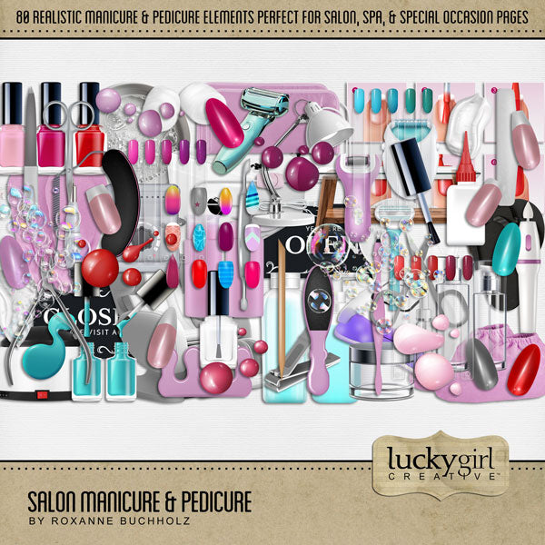 Document your latest trip to the nail salon, hair studio, beauty shop, or spa to get a manicure and pedicure with this kit filled with realistic digital scrapbooking embellishments to document your pretty fingernails and toes by Lucky Girl Creative digital art. Great for prom, homecoming, wedding, and special occasions, too! Embellishments include feet booties, and more.