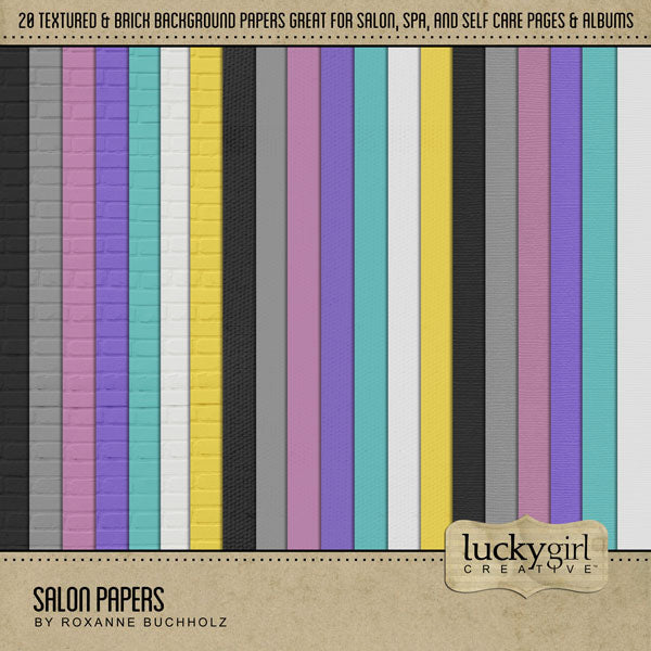 Document your latest trip to the hair salon, makeup beauty studio, spa, or manicure and pedicure shop with these fun digital scrapbooking background papers by Lucky Girl Creative digital art. Great for salon, wedding, and everyday occasions, too! Paper textures include brick, linen, and cotton.