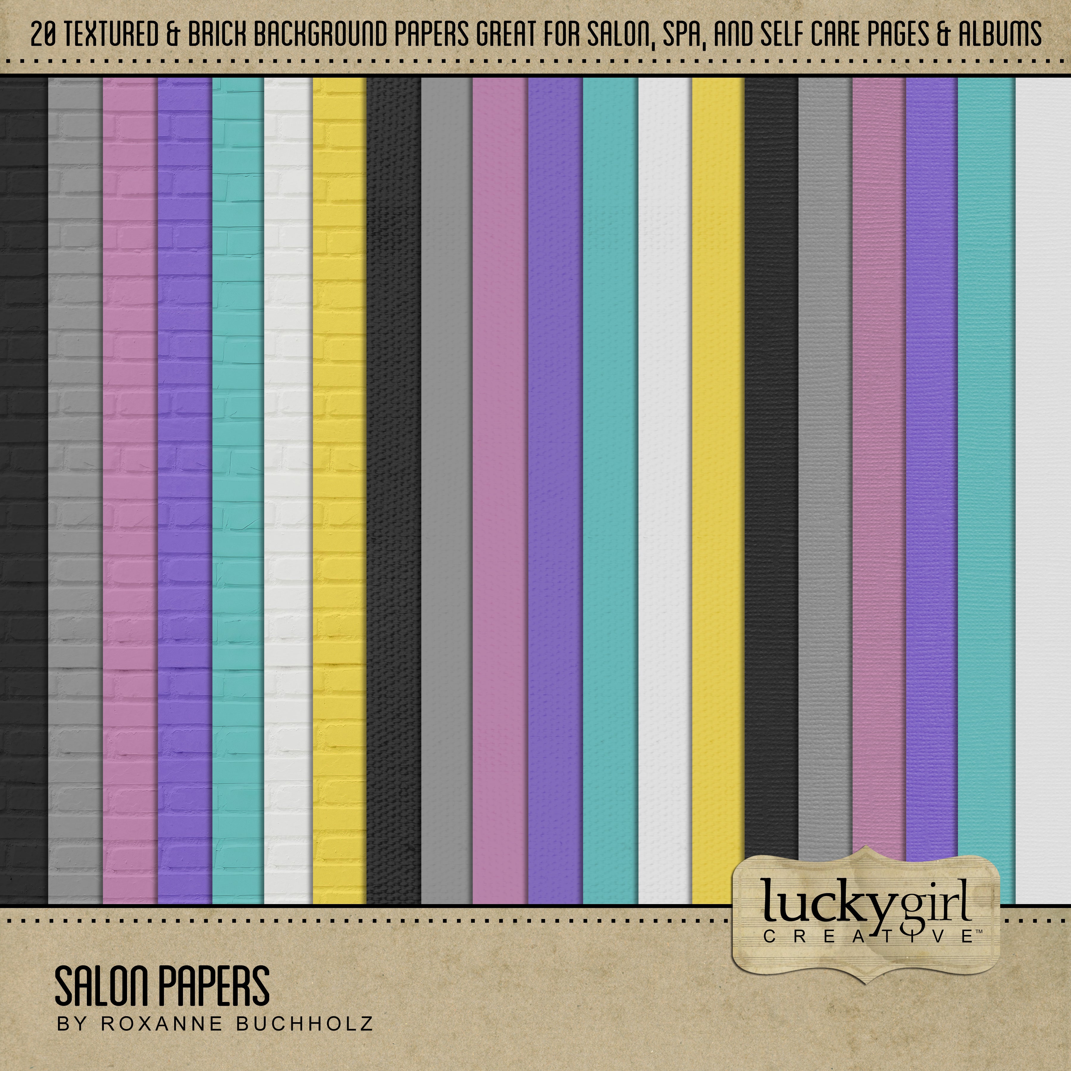 Document your latest trip to the hair salon, makeup beauty studio, spa, or manicure and pedicure shop with these fun digital scrapbooking background papers by Lucky Girl Creative digital art. Great for salon, wedding, and everyday occasions, too! Paper textures include brick, linen, and cotton.