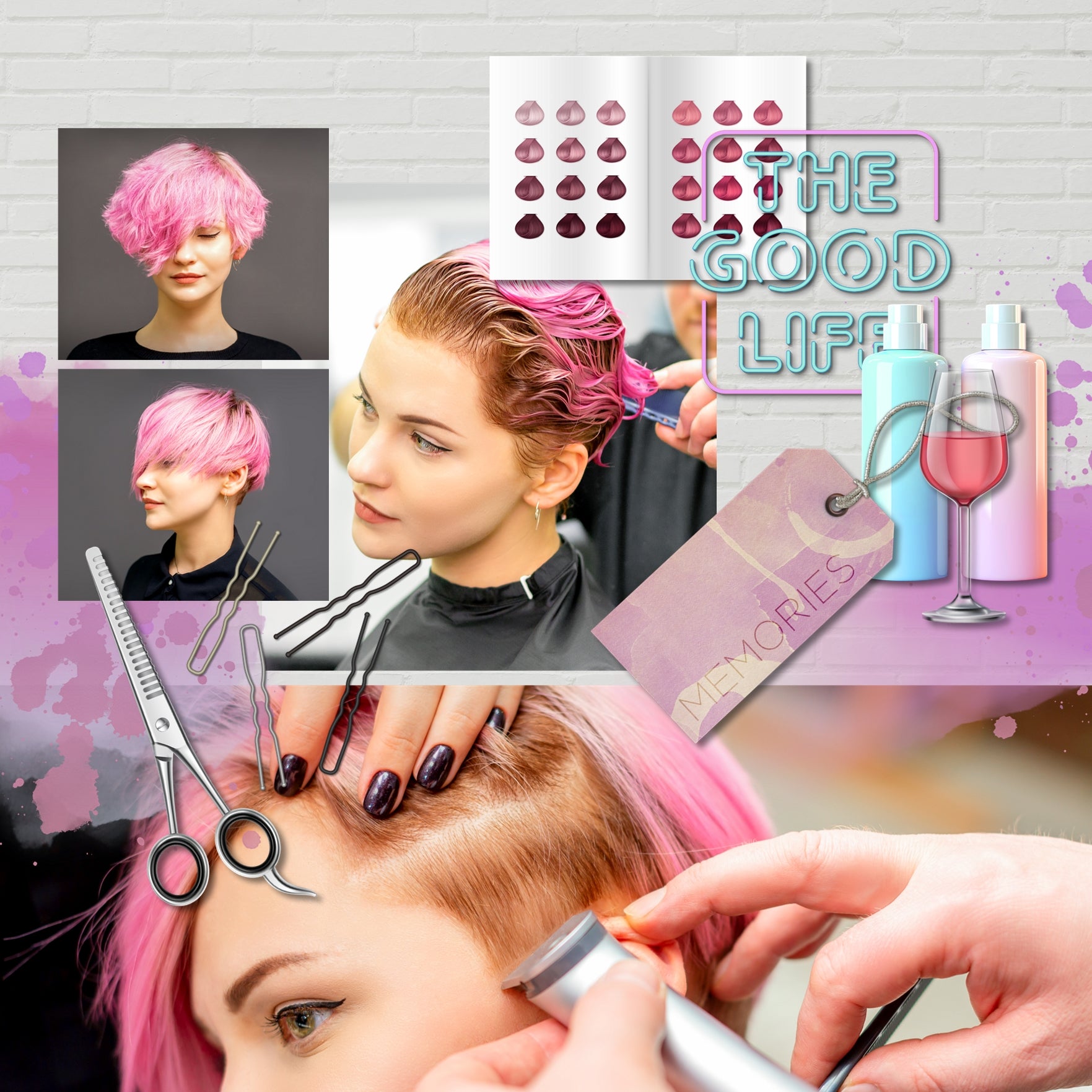 Document your latest trip to the hair salon, tanning studio, beauty shop, or spa to get a fresh hairstyle, blowout, hair color, or tan with this digital scrapbooking kit filled with realistic embellishments and pretty papers by Lucky Girl Creative digital art. Great for prom, homecoming, wedding, and special occasions, too! Embellishments include aluminum foil sheets, bobby pins, glass bottles, broom, hair color bowl, hair color brush, heat chair, clips, clippers, and more.