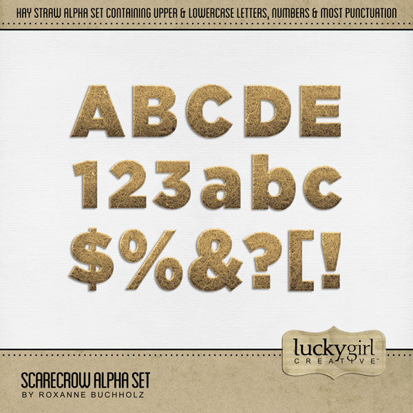 Showcase your family memories with this versatile straw and hay digital alpha set by Lucky Girl Creative. Perfect for Halloween, farm, or fall harvest adventures. The entire collection is inspired by the Wizard of Oz with an Over the Rainbow theme. The Scarecrow Alpha Set consists of a full set of digital art uppercase letters, lowercase letters, numbers 0-9, and most punctuation marks. This alpha set is available as individual embellishments only.